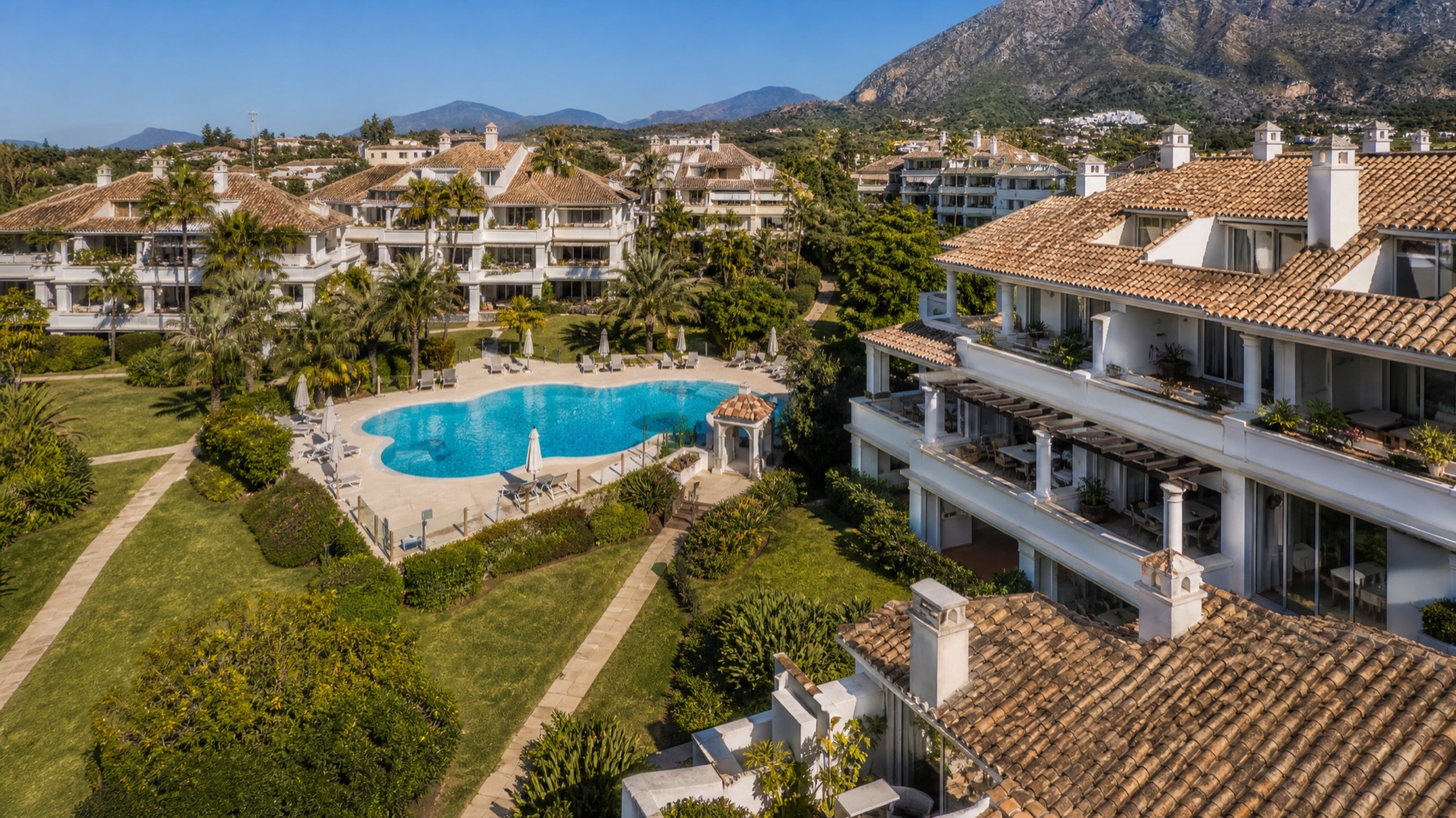 Exterior aerial of the residences and gardens